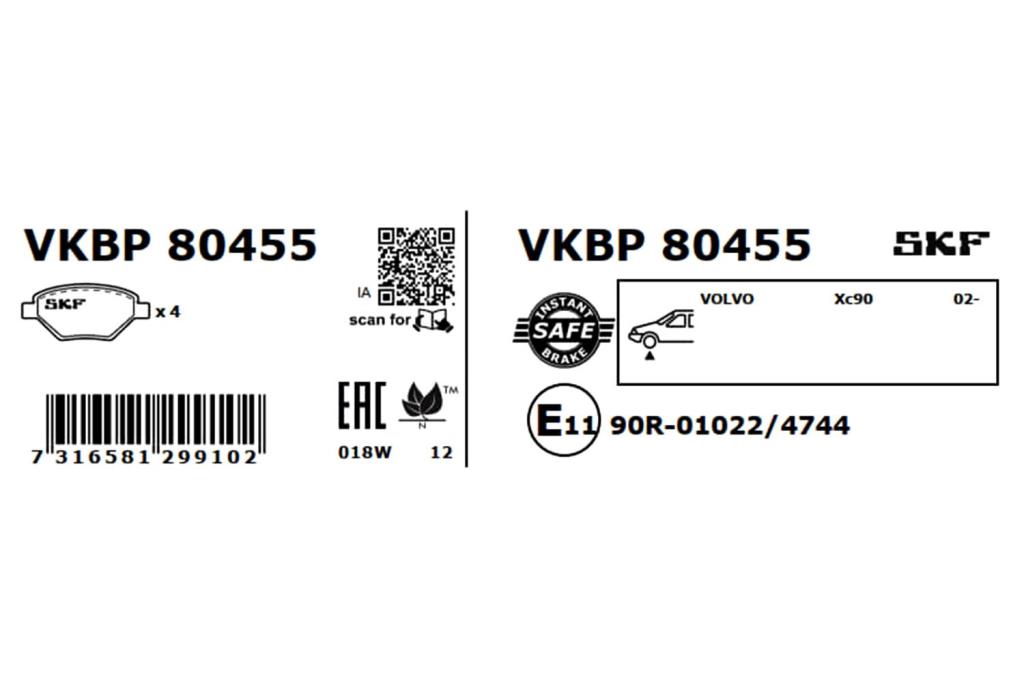 Jeu de 4 plaquettes de frein SKF ref. VKBP 80455